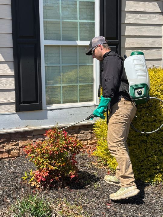 A TurfMark technician spraying a landscape bed beside a house